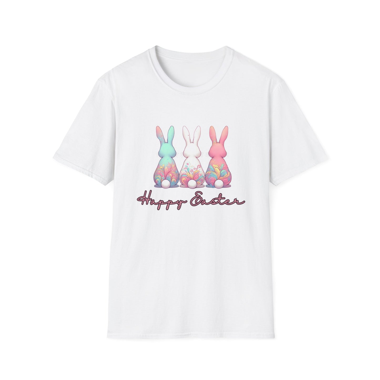 Happy Easter Unisex Softstyle T-Shirt - Cute Bunny Design - Pink lettering