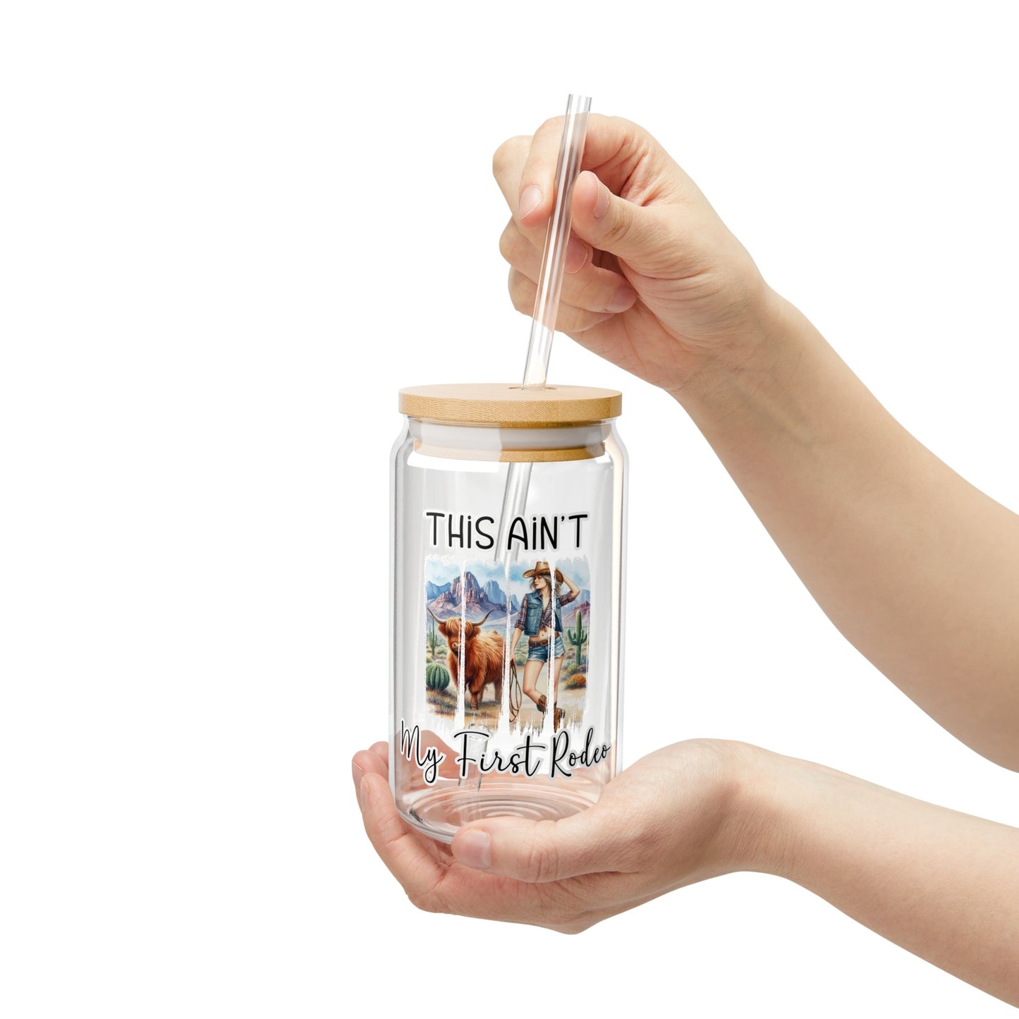 This Ain’t My First Rodeo – Western Cowgirl Glass Tumbler with Bamboo Lid & Straw