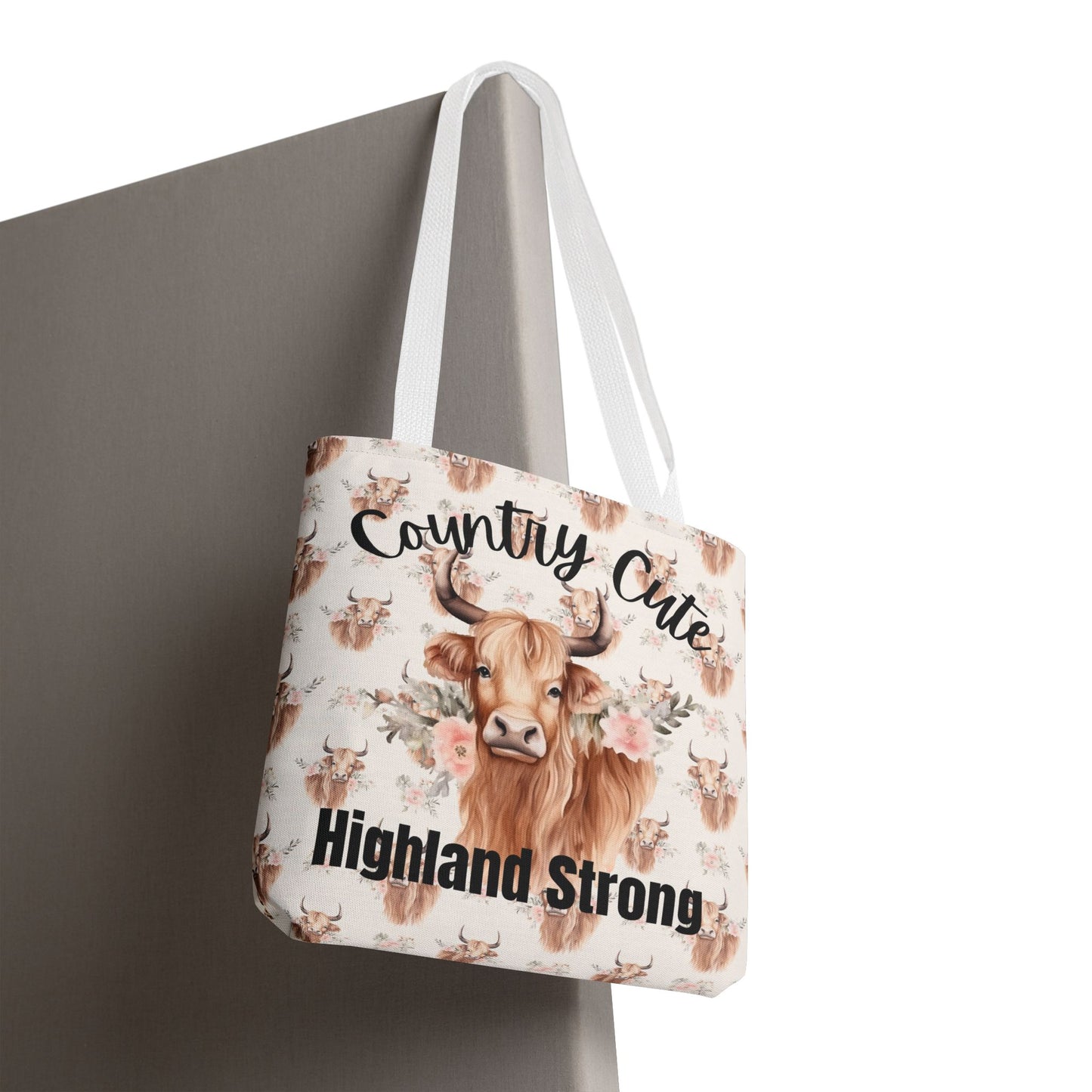Country Cute, Highland Strong Tote Bag – Floral Highland Cow All-Over Print