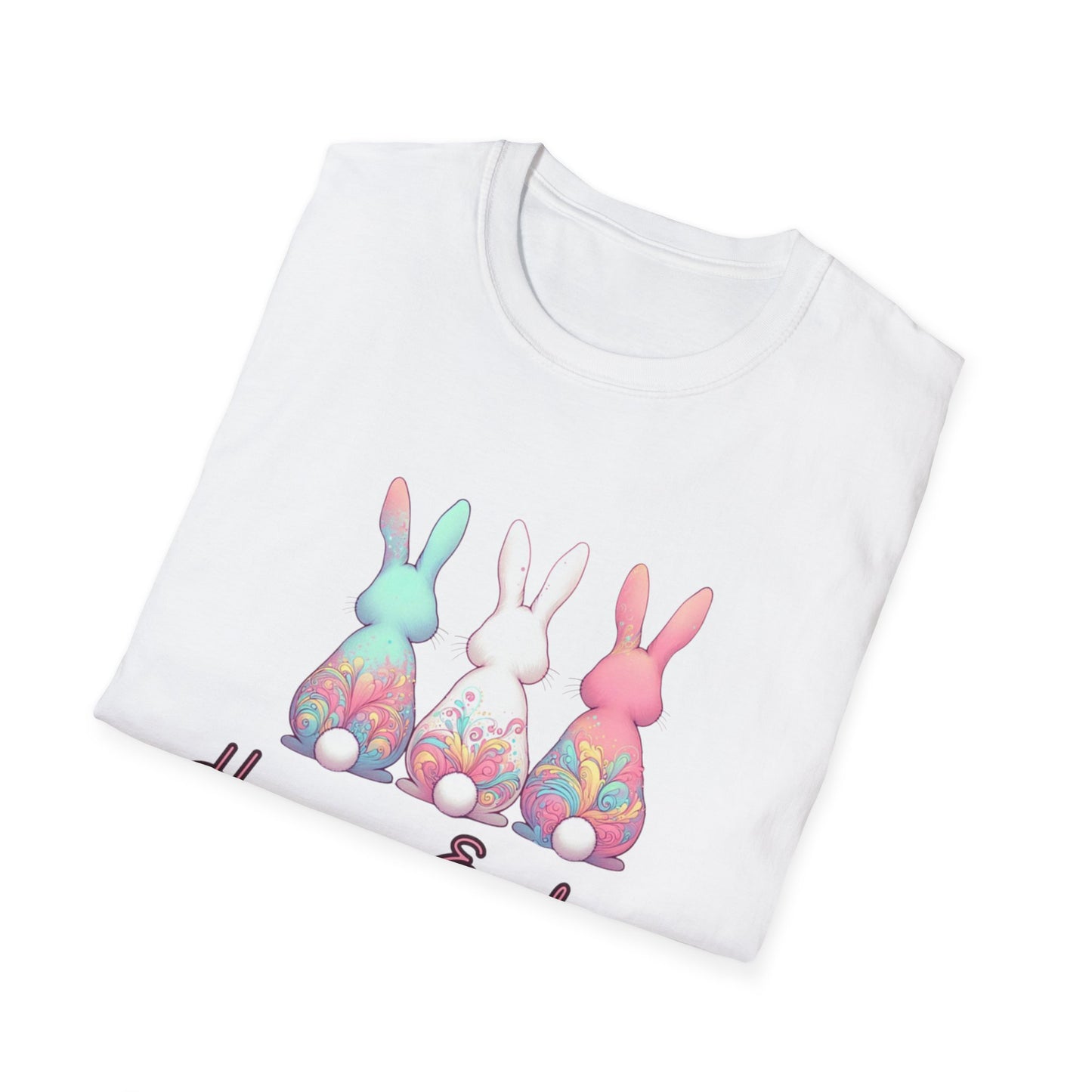 Happy Easter Unisex Softstyle T-Shirt - Cute Bunny Design - Pink lettering