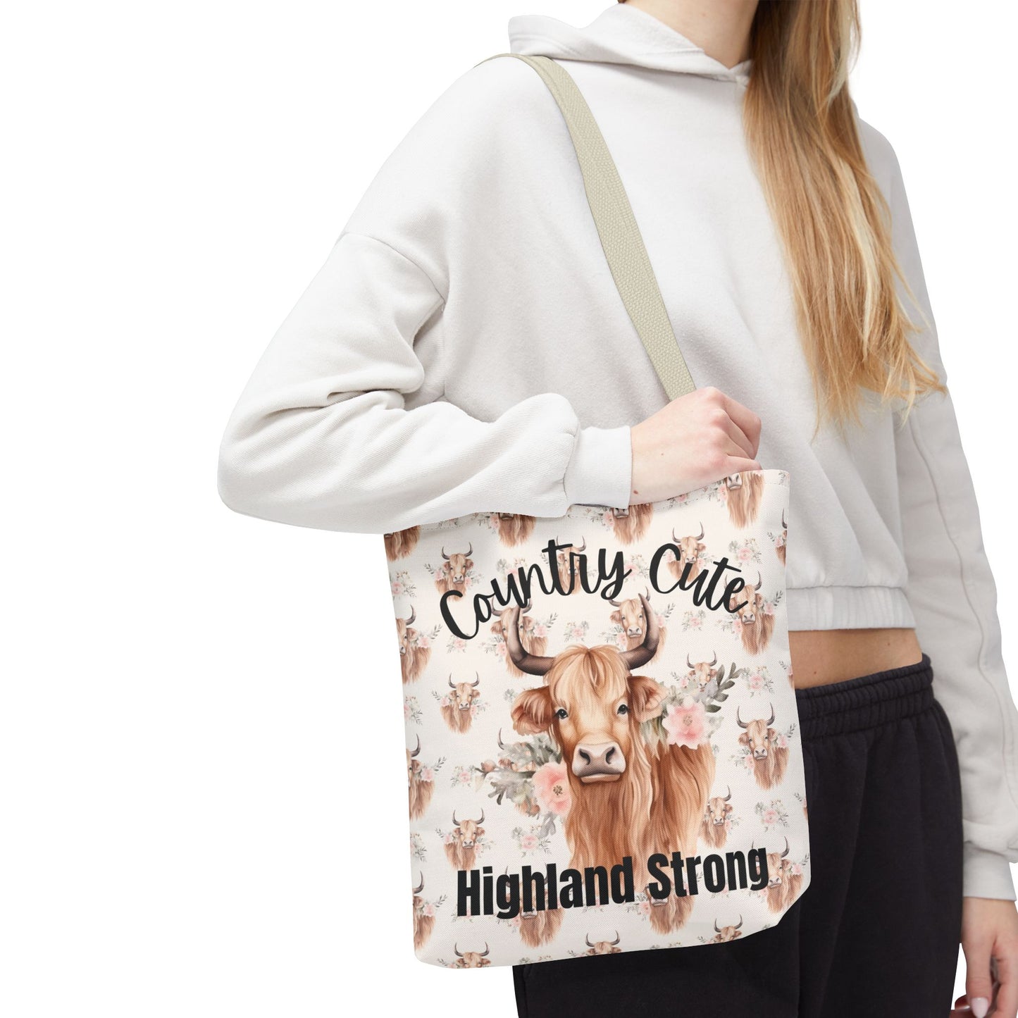 Country Cute, Highland Strong Tote Bag – Floral Highland Cow All-Over Print