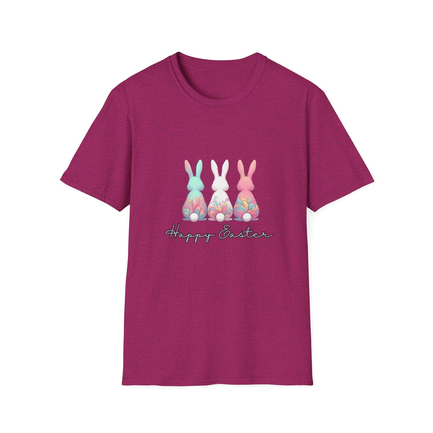 Happy Easter Unisex Softstyle T-Shirt - Cute Bunny Design - Pink lettering