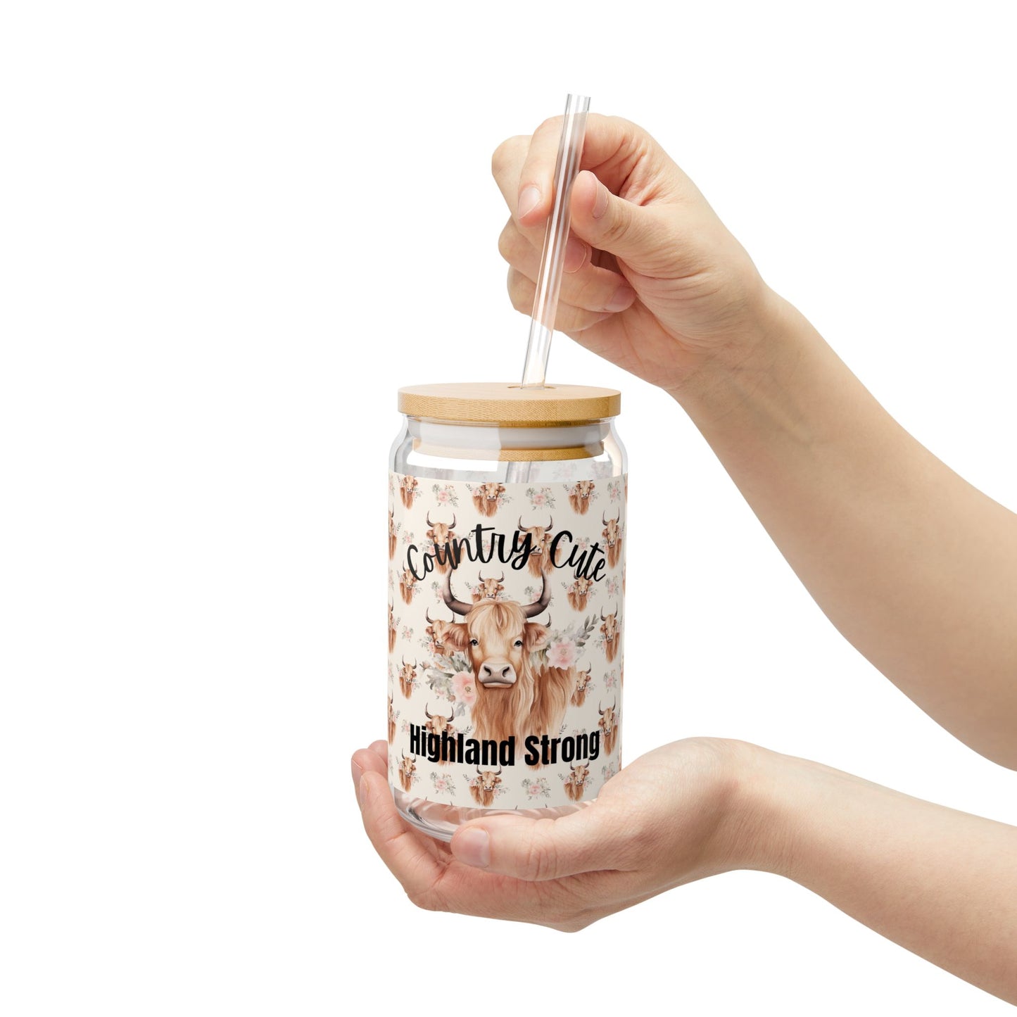 Country Cute, Highland Strong Glass Tumbler – Floral Highland Cow with Bamboo Lid & Straw