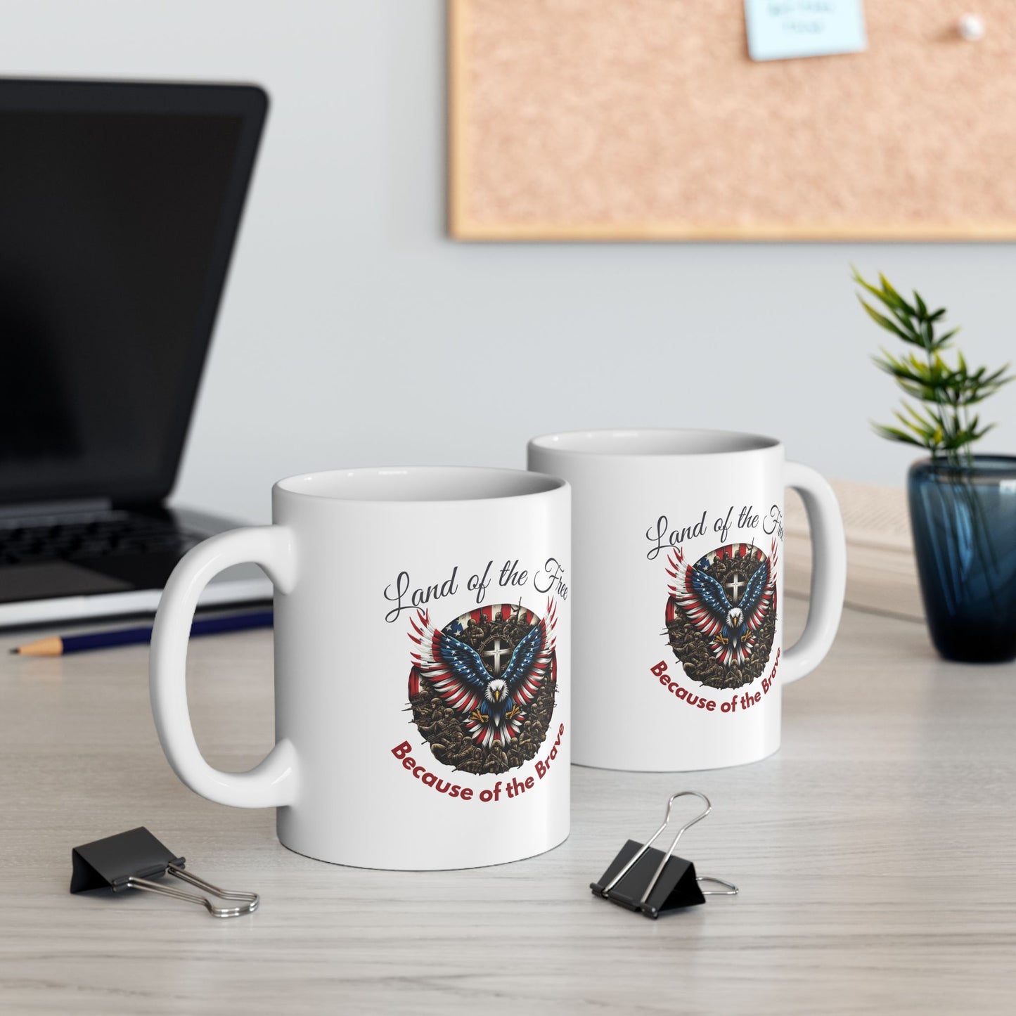 Patriotic Eagle Coffee Mug | Land of the Free Because of the Brave | American Flag Cross Soldiers Mug | Memorial Day Veterans Day Gift - 11oz