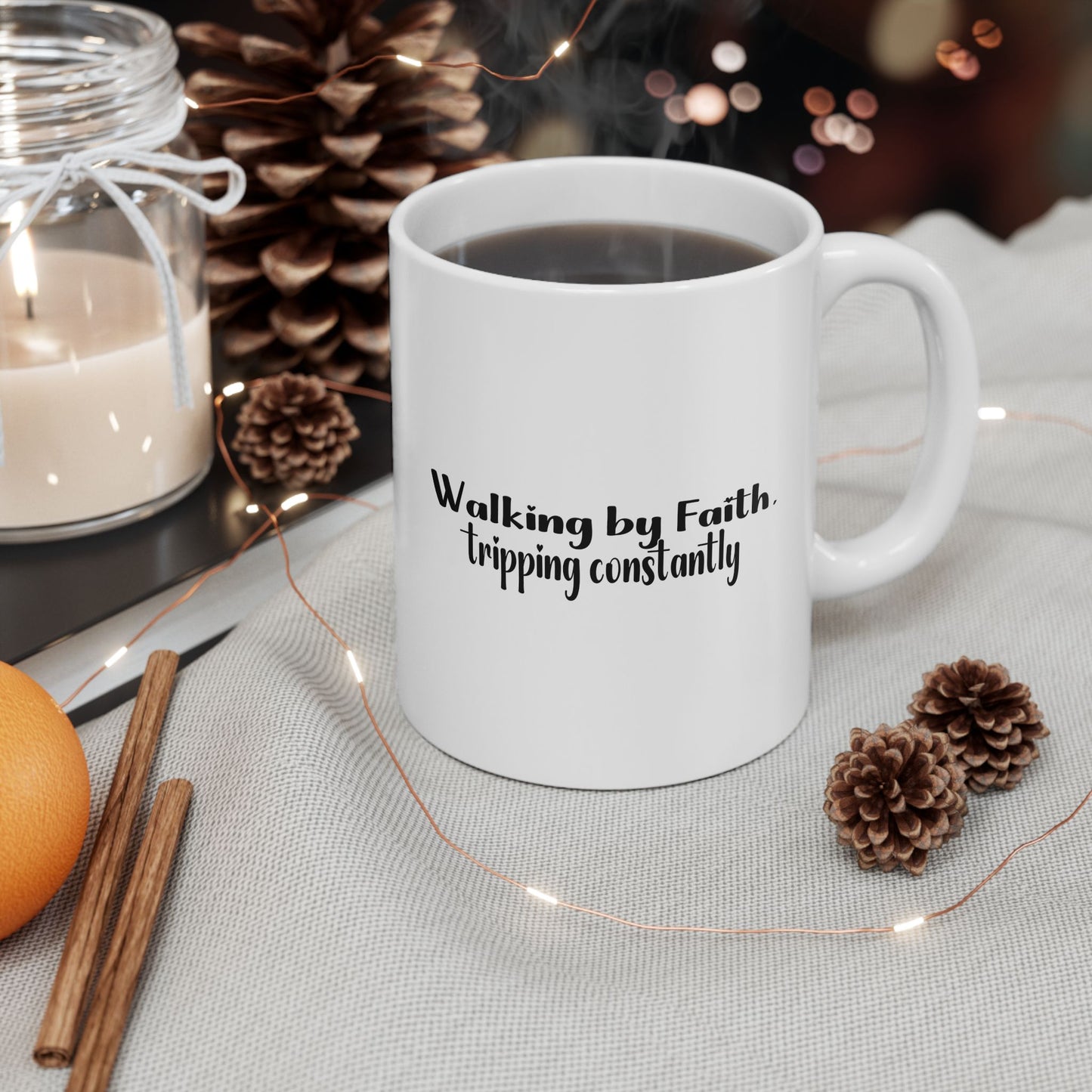 Walking by Faith Tripping Constantly Mug | Funny Christian Coffee Cup | Grace Over Perfection Gift for Women | Faith Humor Mug
