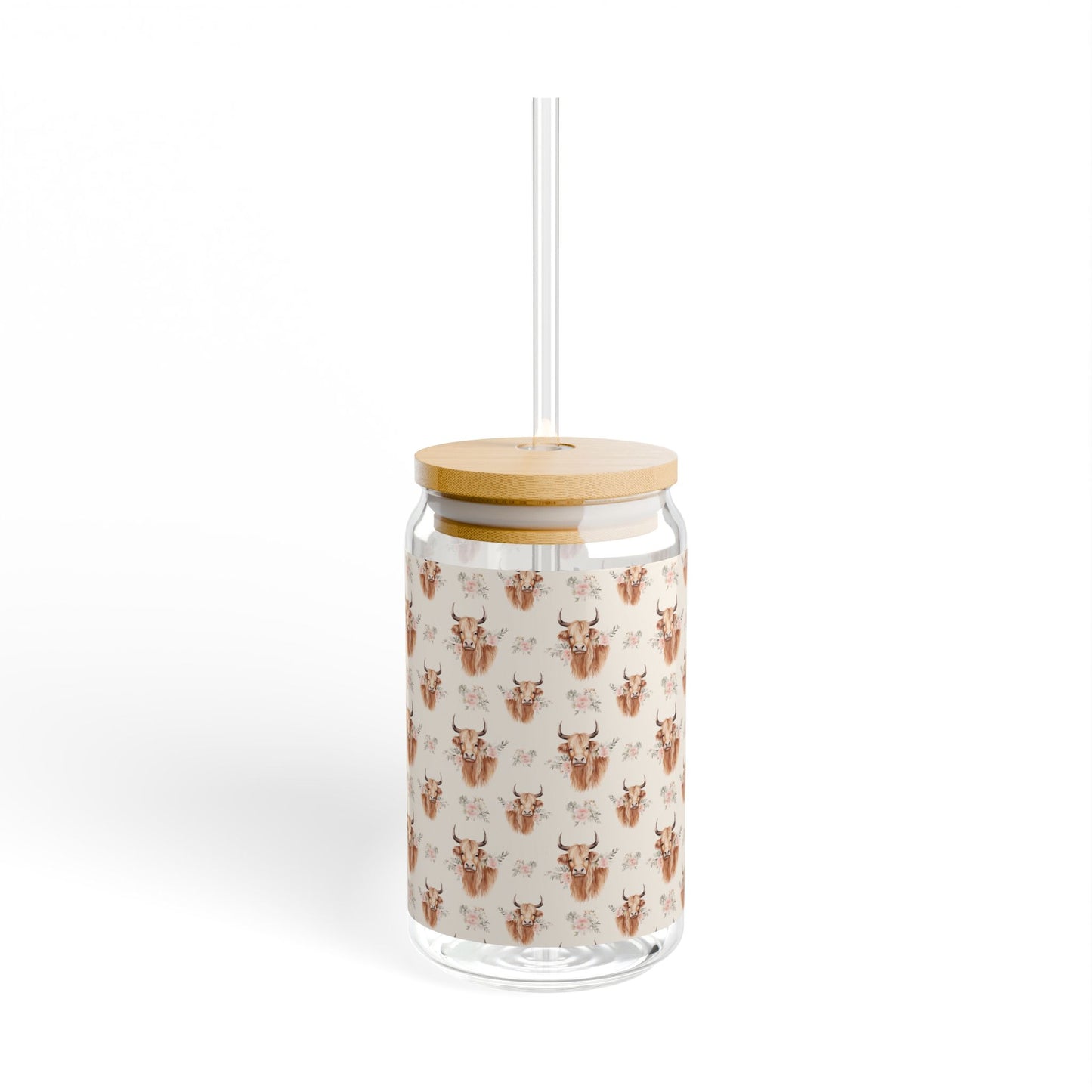Country Cute, Highland Strong Glass Tumbler – Floral Highland Cow with Bamboo Lid & Straw